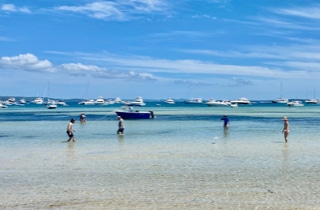 Wading in the clear waters at Horseshoe Bay, Peel Island