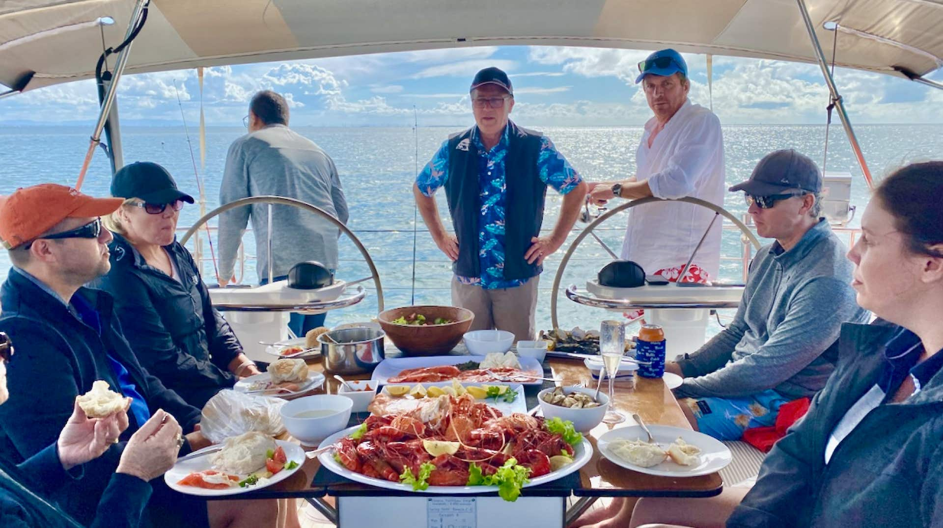 Fantastic seafood platter on sailing yacht Curlew Escape on a private yacht charter, Moreton Bay, Brisbane.