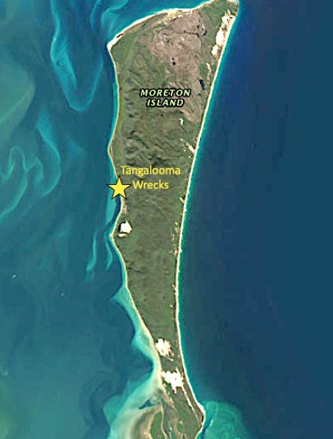 Map of Tangalooma Wrecks, Moreton Island on a private yacht charter in Moreton Bay, Brisbane.