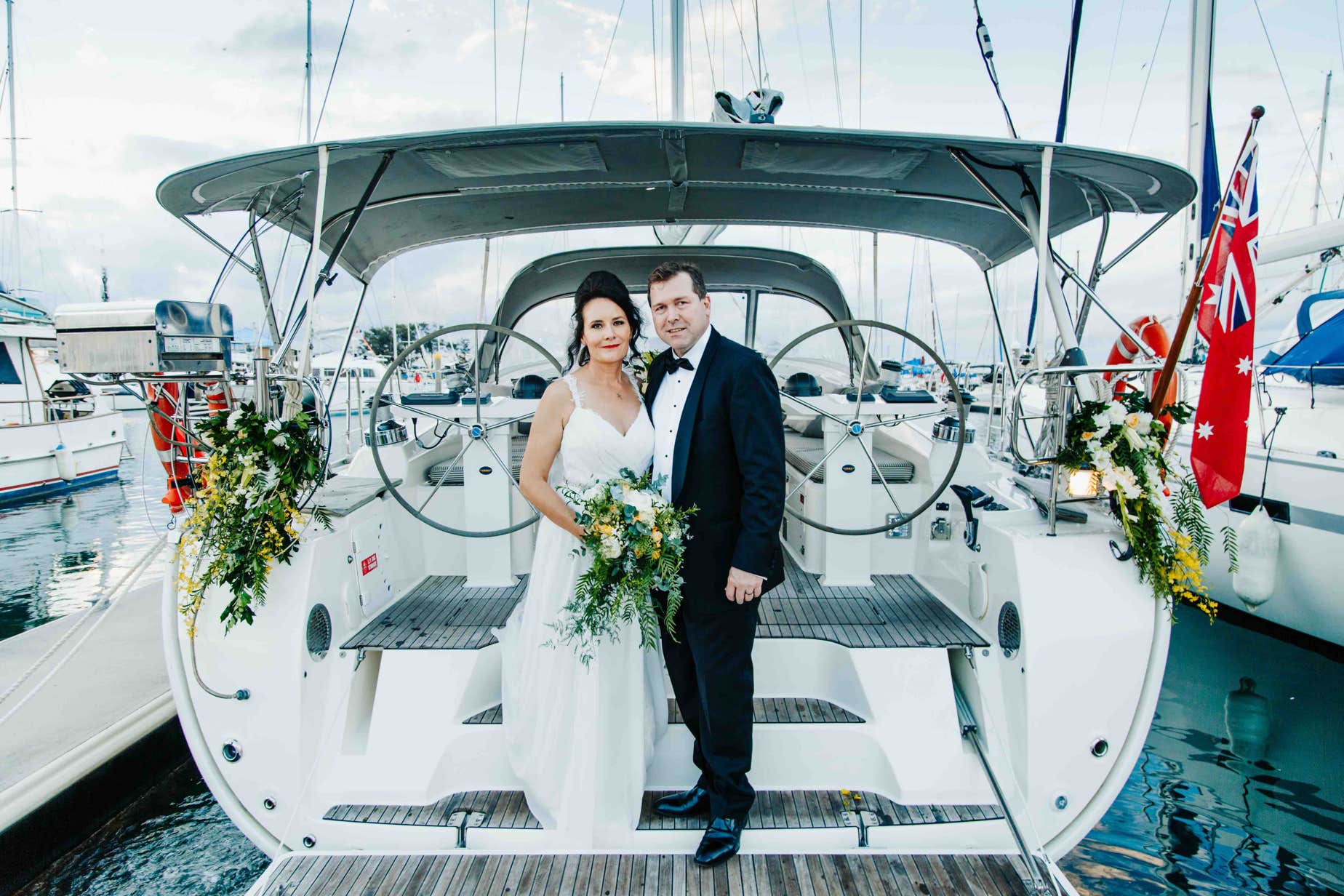 Wedding reception arrival on a private yacht charter on Curlew Escape, Moreton Bay, Brisbane.