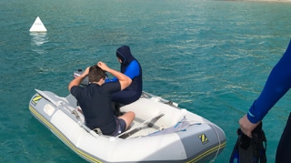 Snorkelling off the dinghy  on  Sailing Yacht Curlew Escape, available for private yacht charters on Moreton Bay, Brisbane.