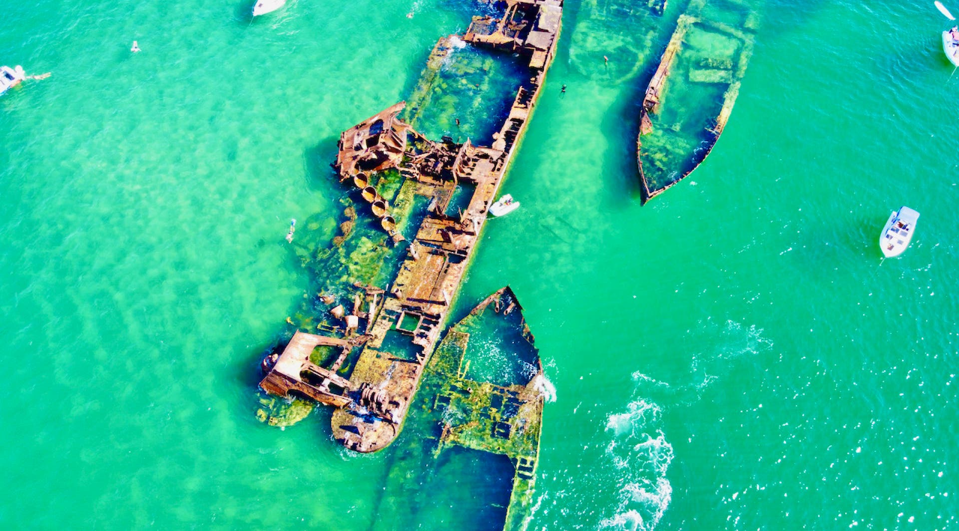 Aerial photo of Tangalooma Wrecks, Moreton Island on a private yacht charter in Moreton Bay, Brisbane.