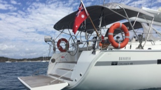 Closeup of the swimming platform on  Sailing Yacht Curlew Escape, available for private yacht charters on Moreton Bay, Brisbane.